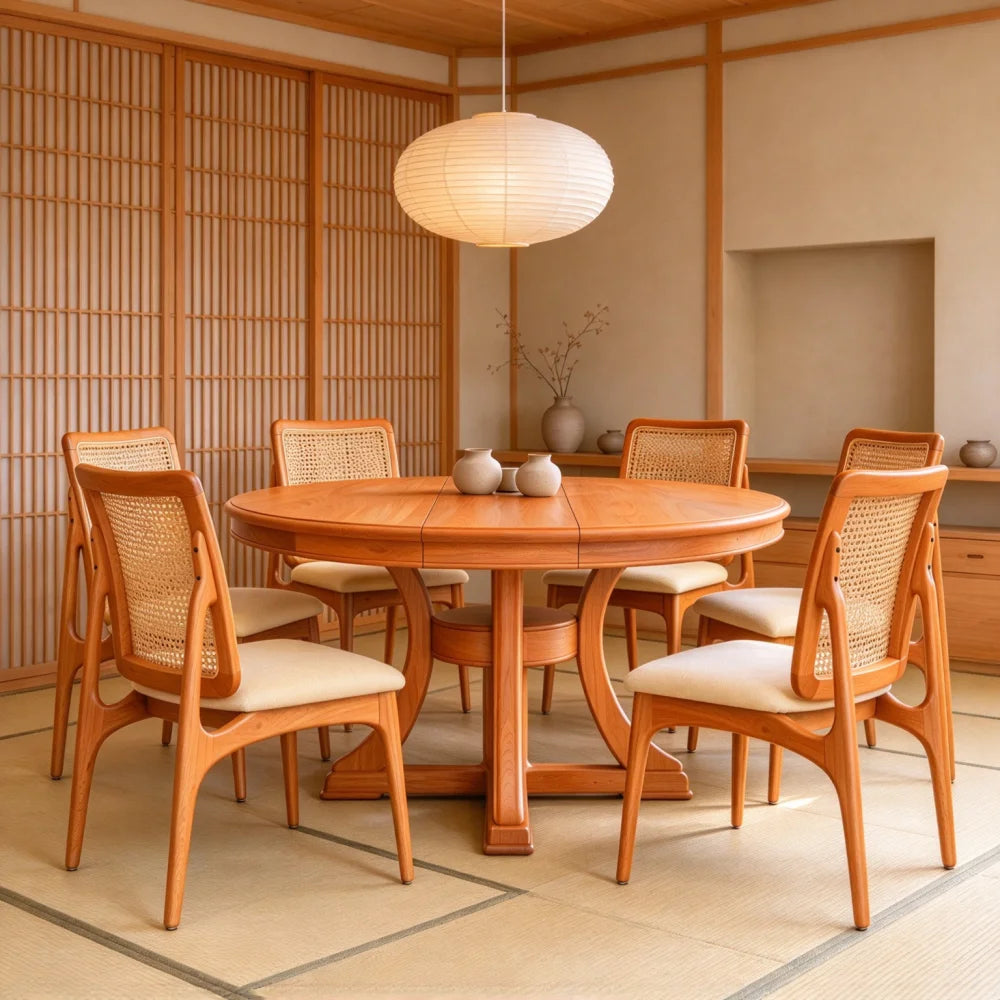 5 Piece Round Extendable Solid Wood Dining Table Set, 4 Rattan Back Chairs With Upholstered Seats, Modern Farmhouse Kitchen Dinner Furniture For Dining Room Kitchen Apartment
