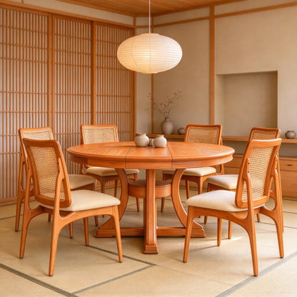 5 Piece Round Extendable Solid Wood Dining Table Set, 4 Rattan Back Chairs With Upholstered Seats, Modern Farmhouse Kitchen Dinner Furniture For Dining Room Kitchen Apartment
