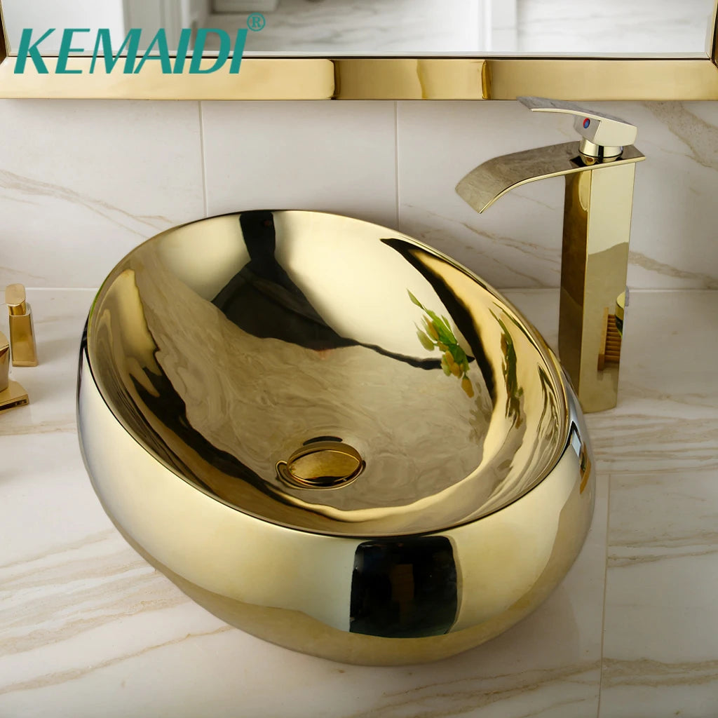 KEMAIDI 23 Inch Bathroom Vessel Sink Gold Ceramic Sink Bowl w/ Waterfall Faucet and Drain Combo Modern Vessel Sink Above Counter