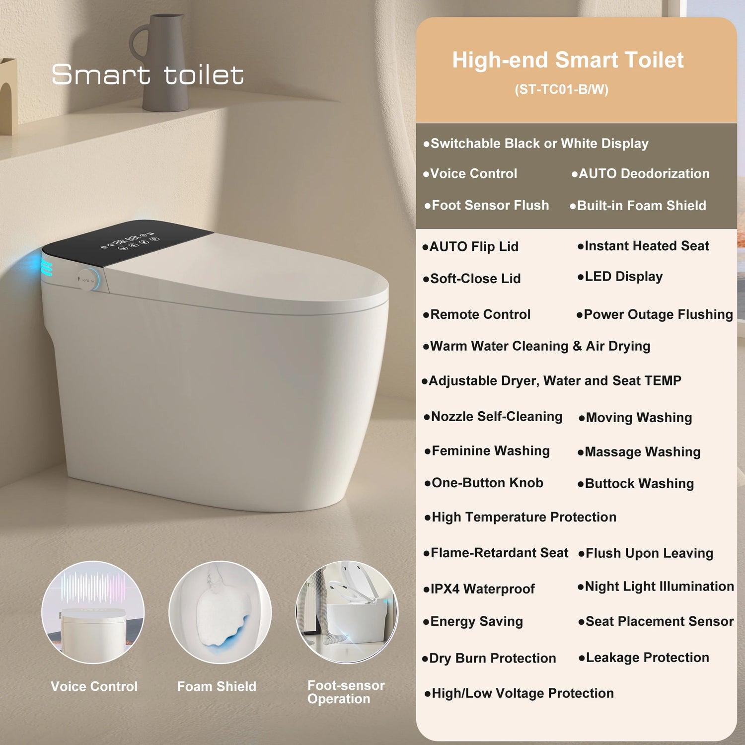 Smart Toilet with Built-in Bidet, AUTO Open/Close, Warm Water Sprayer, AUTO Dual Flush, Heated Bidet Toilet Seat for Bathrooms