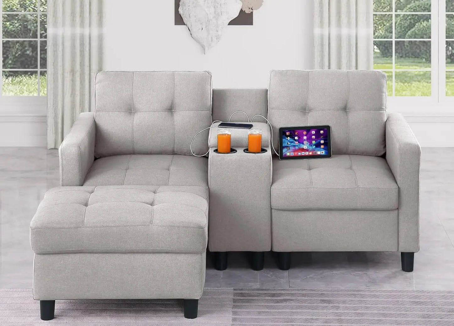 Love Seat Sofa with Ottoman and Storage Console, 2 Seater Couch for Bedroom, Small Modular Sectional Couch Home Theat