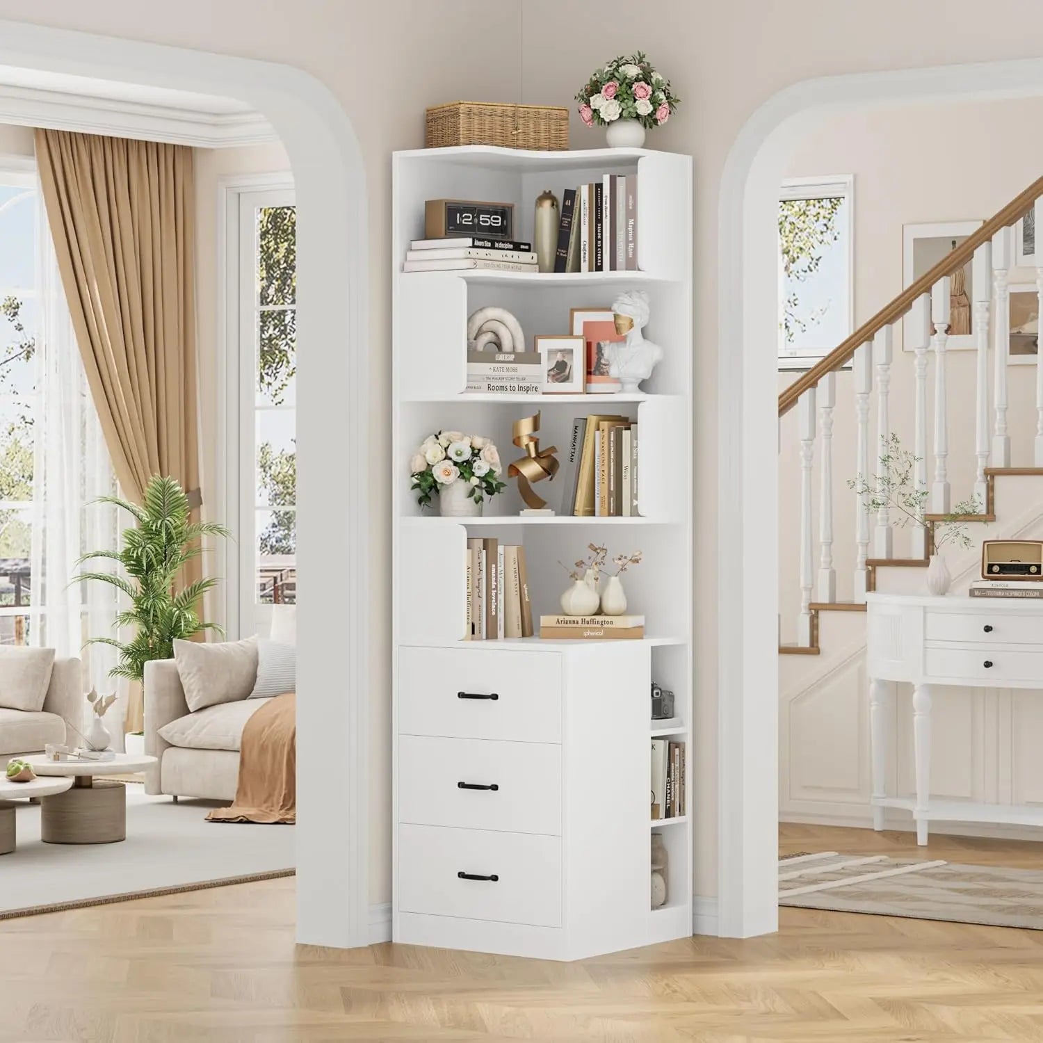L-Shaped Corner Bookshelf with Drawers and Cubbies, 4-Tier Tall Bookcase for Living Room or Office, White