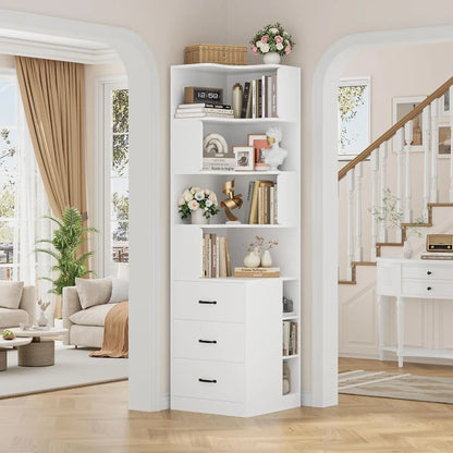 L-Shaped Corner Bookshelf with Drawers and Cubbies, 4-Tier Tall Bookcase for Living Room or Office, White