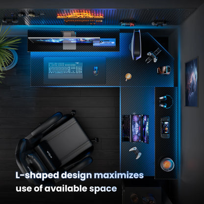 FRODROVIA L-Shaped Gaming Desk With LED Lights And Monitor Stand