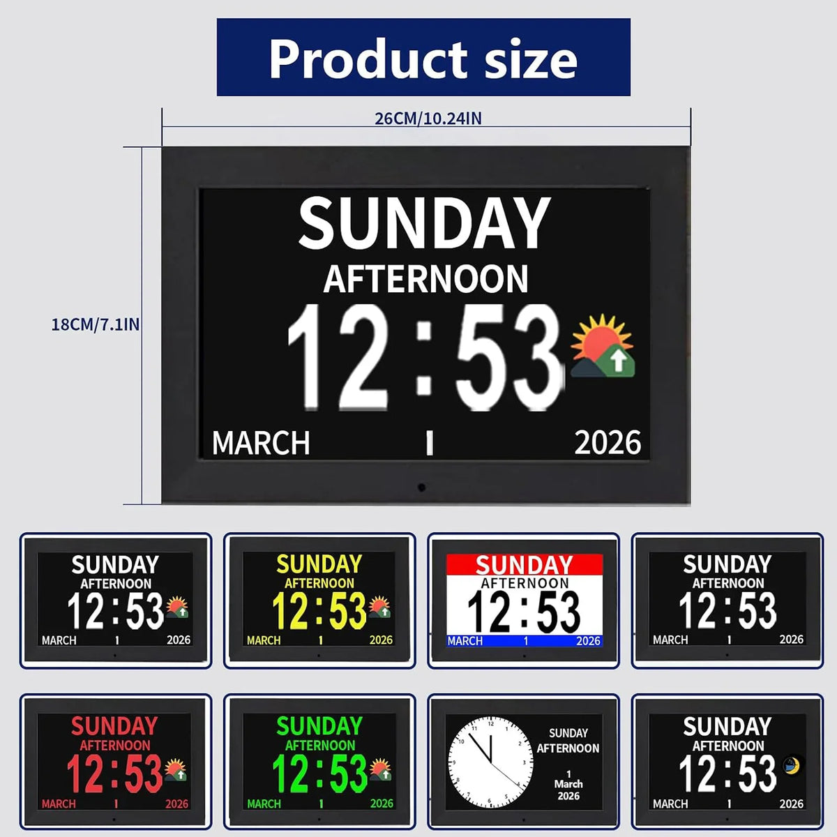 10.1 Inch Digital Alarm Clock with Date and Day of Week for Dementia Seniors, Clear Large Screen, Multiple Alarm Sets, Auto DST, Designed Specifically for Elderly