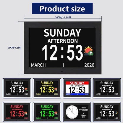10.1 Inch Digital Alarm Clock with Date and Day of Week for Dementia Seniors, Clear Large Screen, Multiple Alarm Sets, Auto DST, Designed Specifically for Elderly