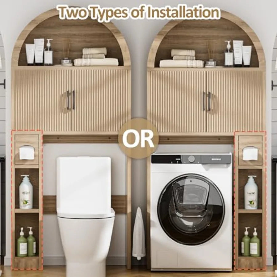 Over The Toilet Storage Cabinet Bathroom Shelf Organizer Freestanding Wood Arch Cabinet with Toilet Paper Holder and Anti-Tippi