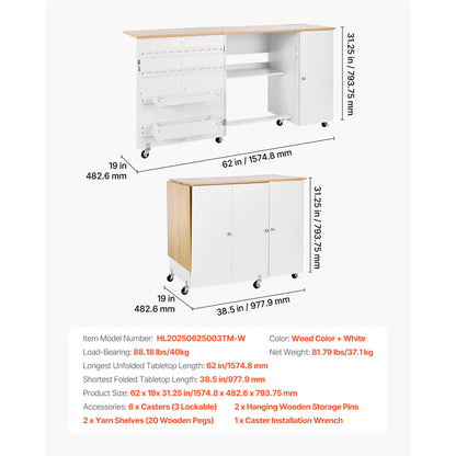 SucceBuy Folding Sewing Table With Cabinet And Charging Station For Home