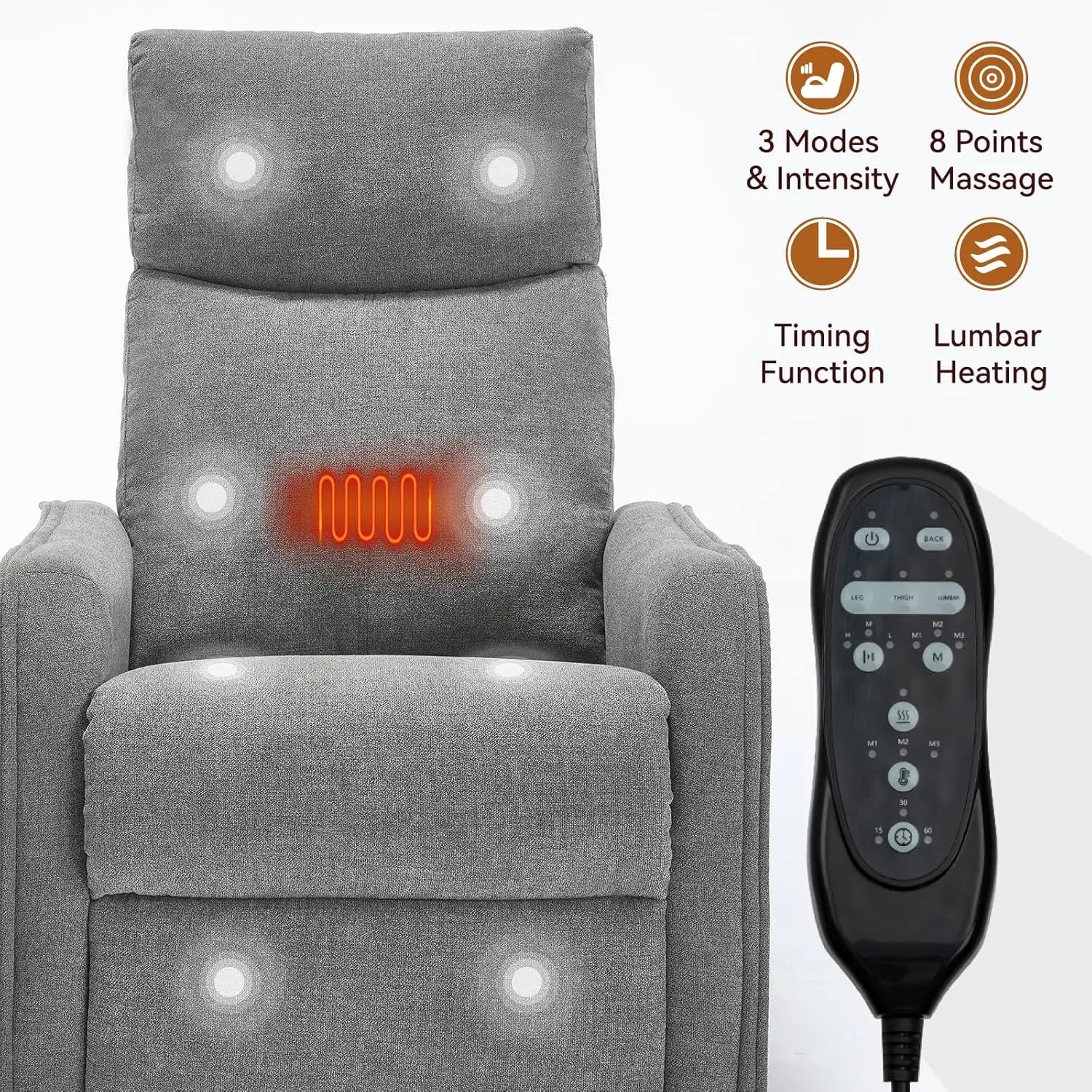 Heat Massage Manual Recliner Chair with Rocker &amp; 360° Swivel, Fabric Upholstered Reclining Armchair with Lumbar, Customized