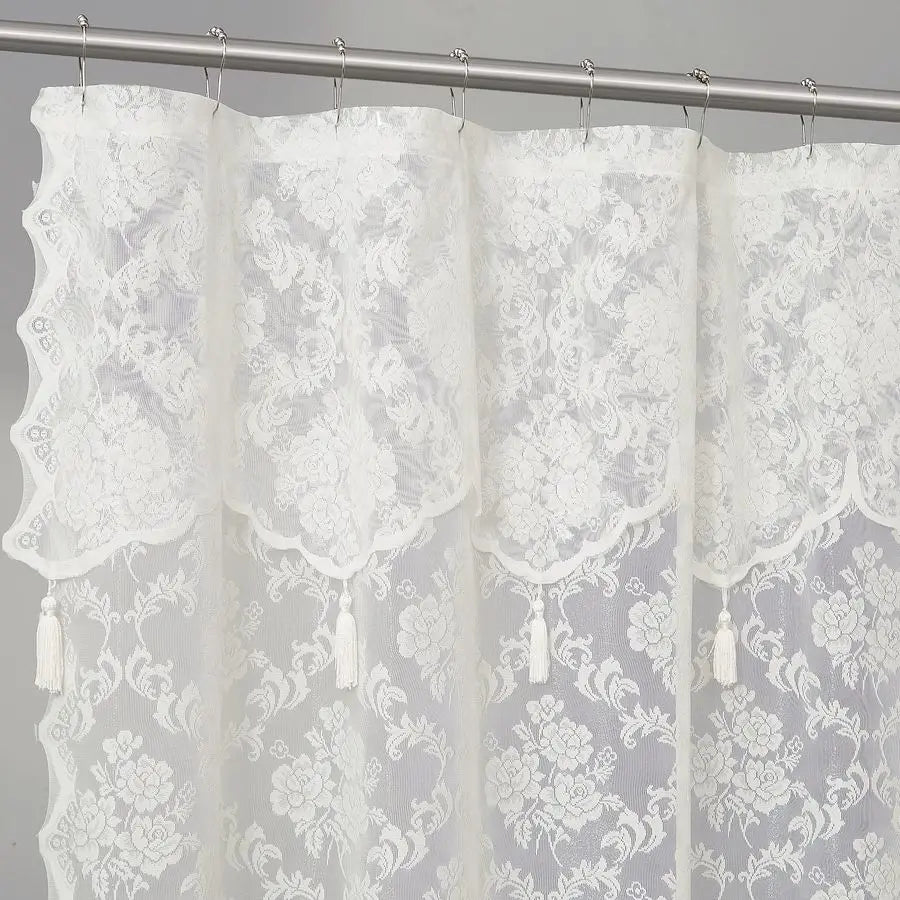 Ivory Shower Curtain with Attached Valance and Elegant Tassels. Standard Size 72 x 72 Lace Shower Curtain for Bathroom. Luxury S
