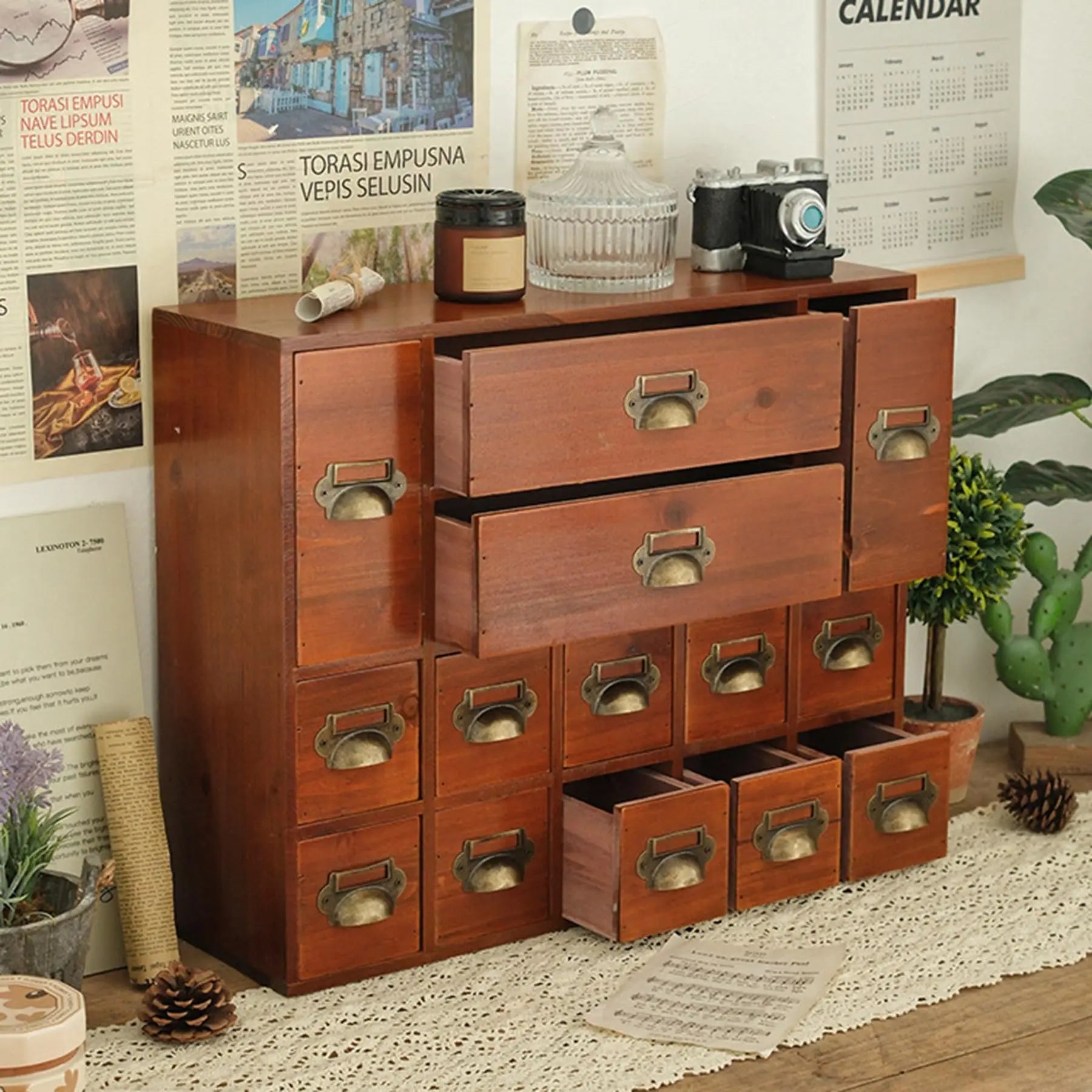 14 Drawers Apothecary Drawers Card Catalog Cabinet,Wooden Storage Box with Drawers,Library Card Catalog Cabinet for Desktop Orga