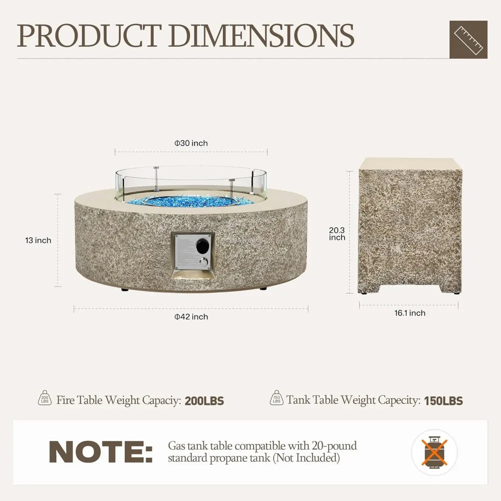 42-inch Outdoor Propane Gas Fire Pit Table 50000 BTU Concrete Round FirePit for Outside Patio with Propane Tank Cover, Wind Guad