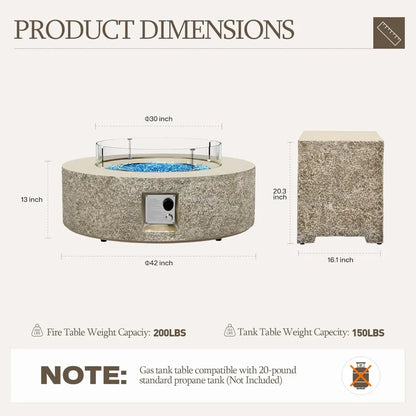 42-inch Outdoor Propane Gas Fire Pit Table 50000 BTU Concrete Round FirePit for Outside Patio with Propane Tank Cover, Wind Guad