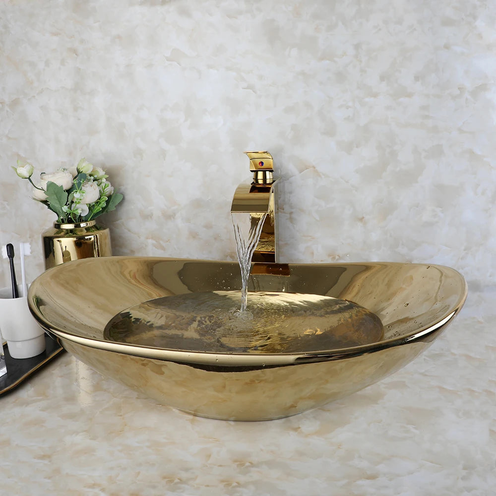YANKSMART OUBONI Ceramic Luxury Bathroom Vessel Sink Set With Brass Faucet