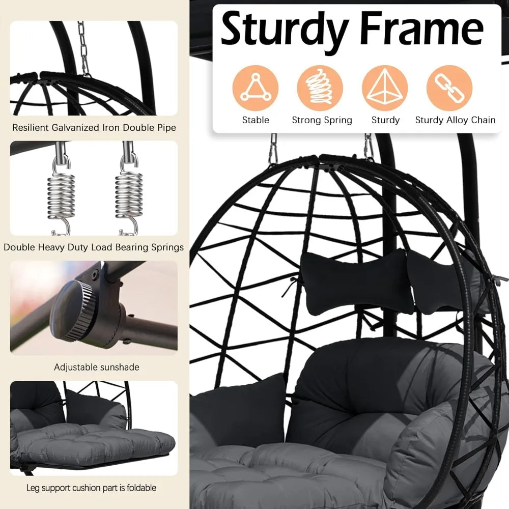 Double Egg Chair Outdoor With Stand & Adjustable Canopy, Extra Large 2 Person Patio Egg Chair With Leg Rests, Hanging Swing Chai