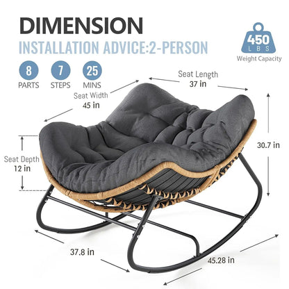 Outdoor Rocking Chair, Oversized Patio Papasan Rocker, Comfy Wicker Reading Lounge, Indoor Egg Chair for Bedroom,, Customized