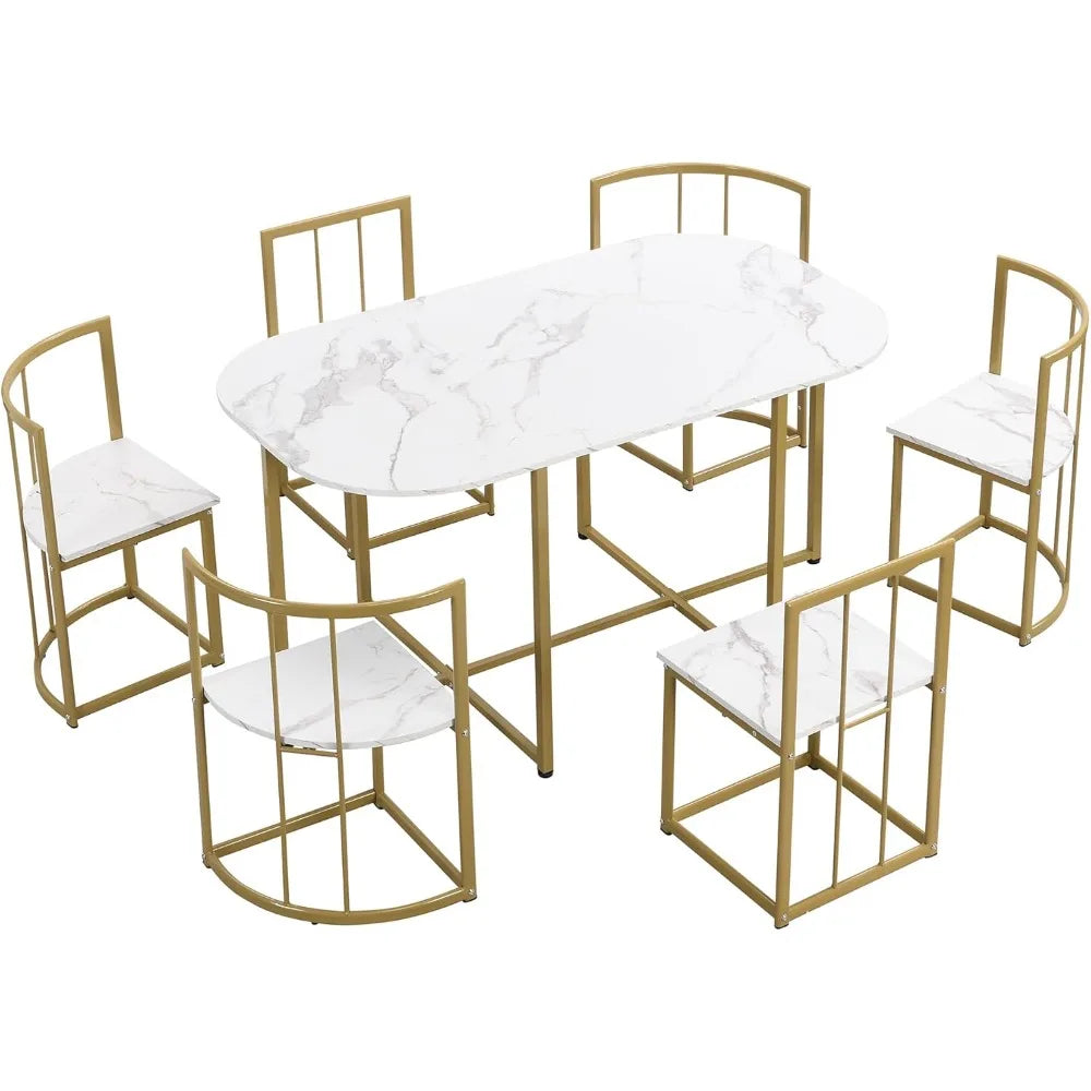 metal 7 piece kitchen dining table set with chairs for saving space metal dining room table set for 6 persons, golden white