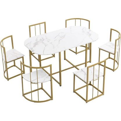metal 7 piece kitchen dining table set with chairs for saving space metal dining room table set for 6 persons, golden white