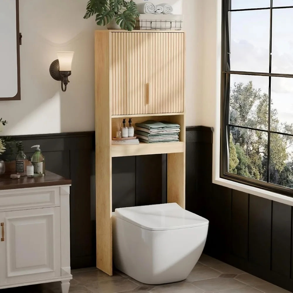 Mid Century Modern Over-the-Toilet Storage Cabinet, Natural Oak, Adjustable Shelves