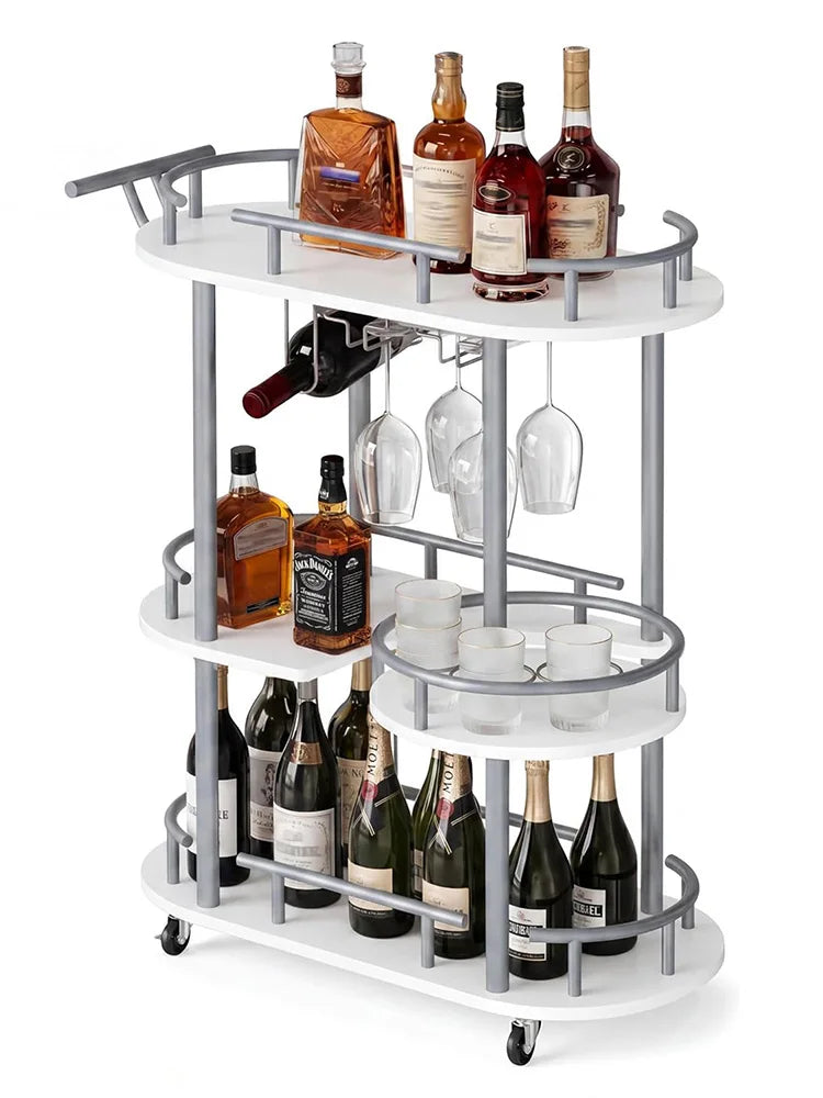3 Tier Rolling Bar Cart With Wine Rack &amp; Glass Holder, Metal Kitchen Coffee Cart On Wheels, Mobile Serving Cart For Dining Room