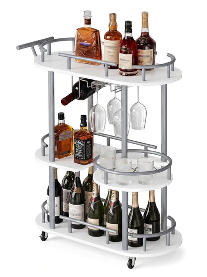 3 Tier Rolling Bar Cart With Wine Rack &amp; Glass Holder, Metal Kitchen Coffee Cart On Wheels, Mobile Serving Cart For Dining Room