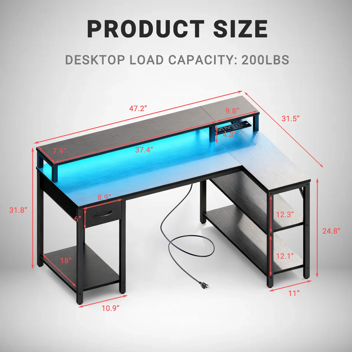 JHK L Shaped Gaming Desk With USB Ports LED Lights