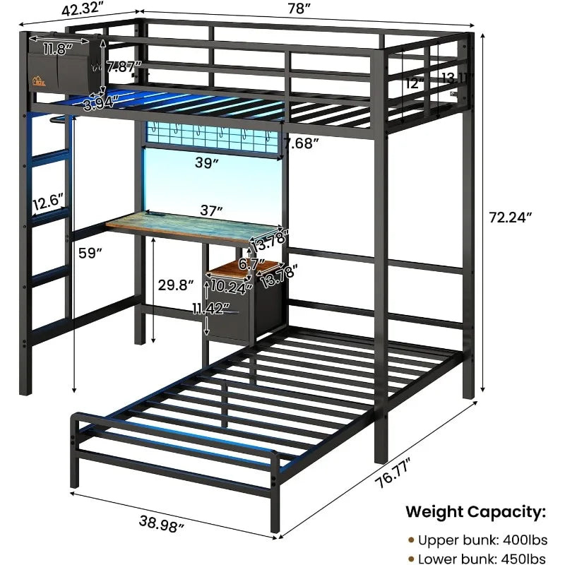 Bunk Bed with Desk,Led Lights and Charging Station Metal L-Shaped Twin Over Twin Bunk Beds with Storage Drawers and Shelv