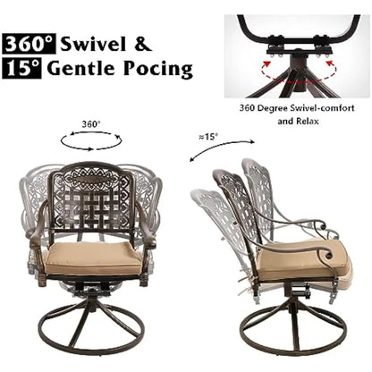 5-Piece Round Outdoor Dining Ensemble Featuring Swivel Rocking Chairs with Quick-Dry Cushions, Hollow Plaid Design, Umbrella Hol