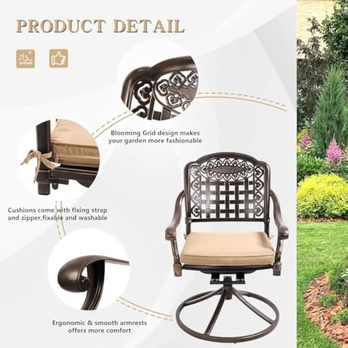 5-Piece Round Outdoor Dining Ensemble Featuring Swivel Rocking Chairs with Quick-Dry Cushions, Hollow Plaid Design, Umbrella Hol
