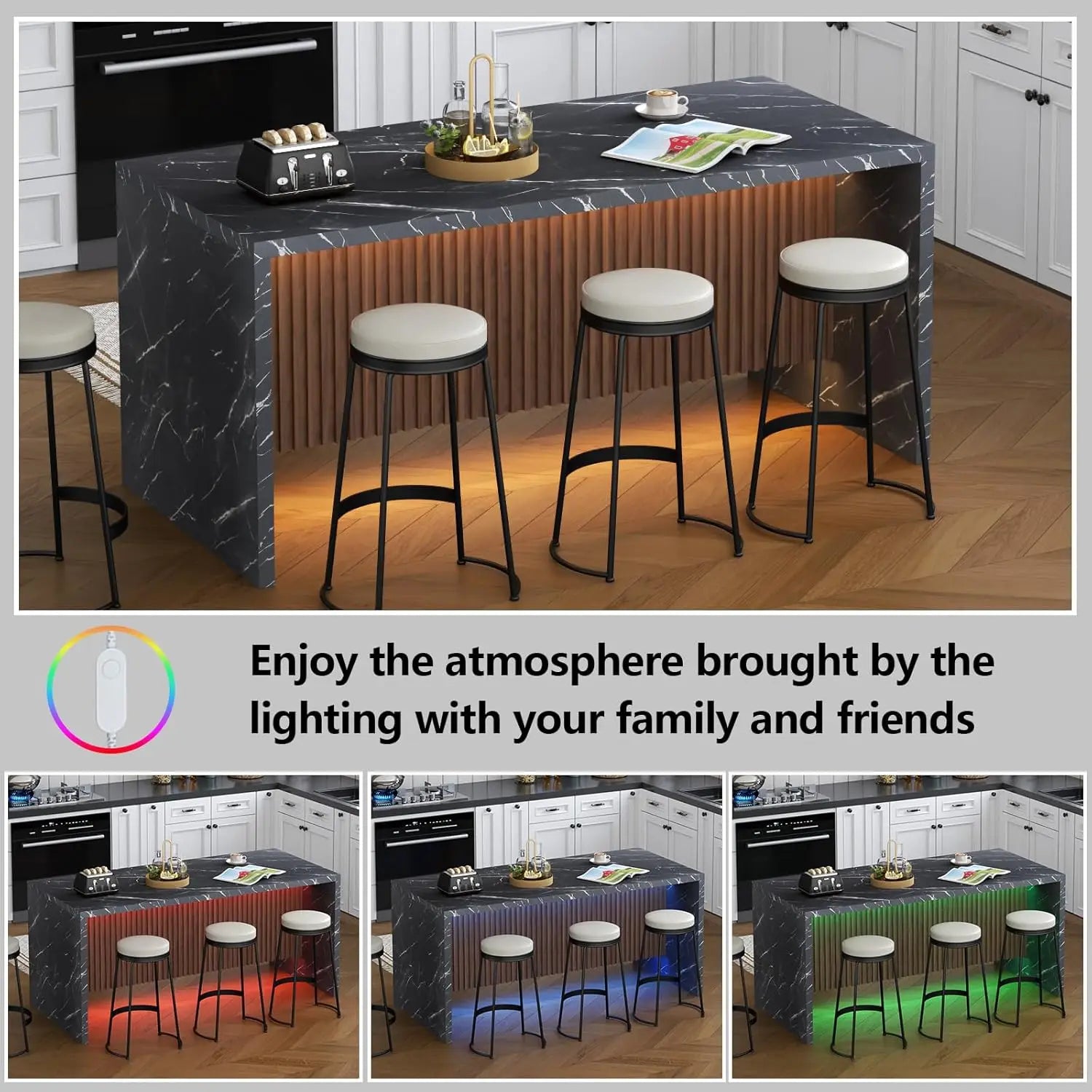 71" Large Imitation Marble Dining Table for 4-6 People, Island Table with LED Lights, Marble Stripes Kitchen Dining Tabl