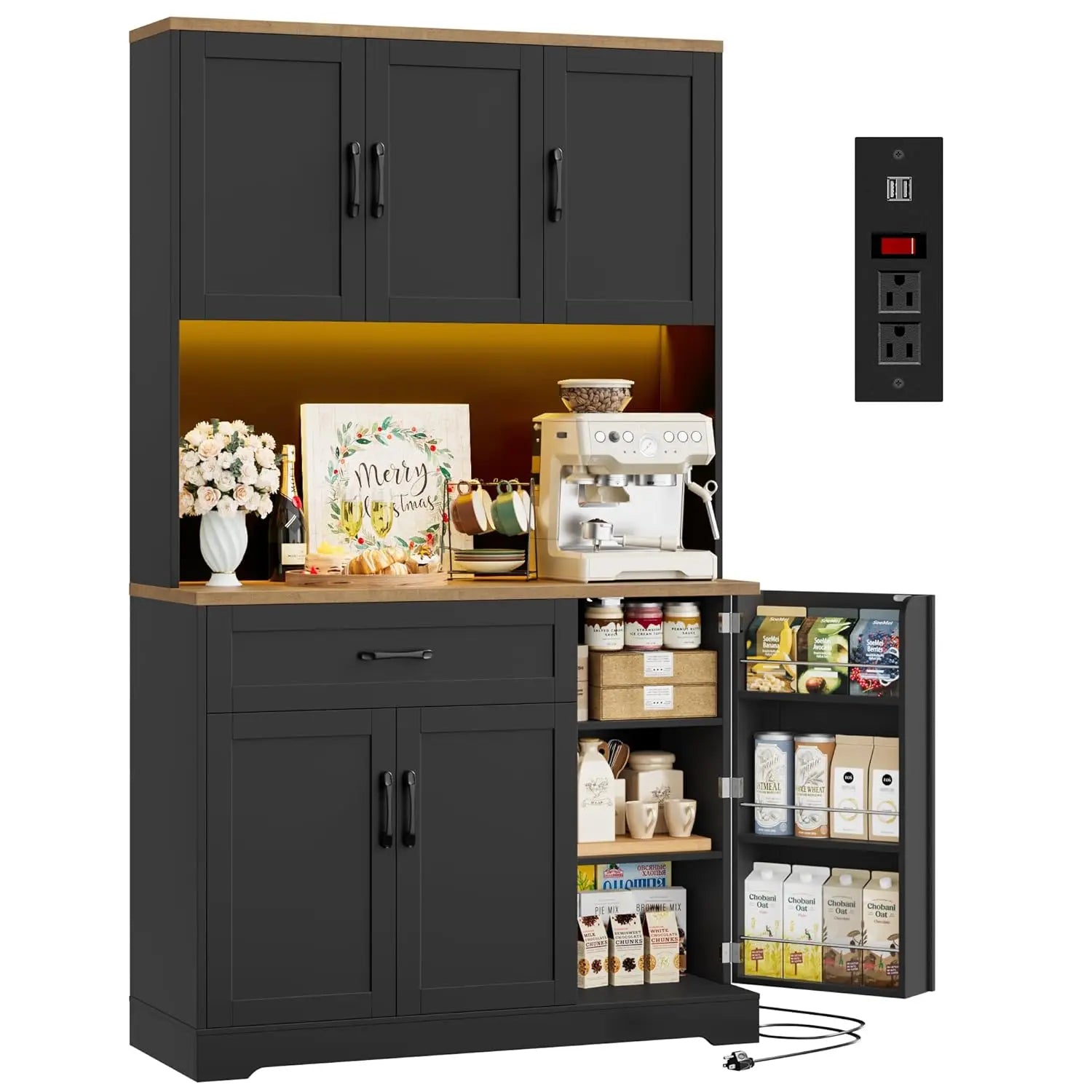 71" LED Pantry Cabinet with Power Outlet, Tall Kitchen Hutch Storage Cabinet with Microwave Stand &amp; 6 Door Shelves,, Customized