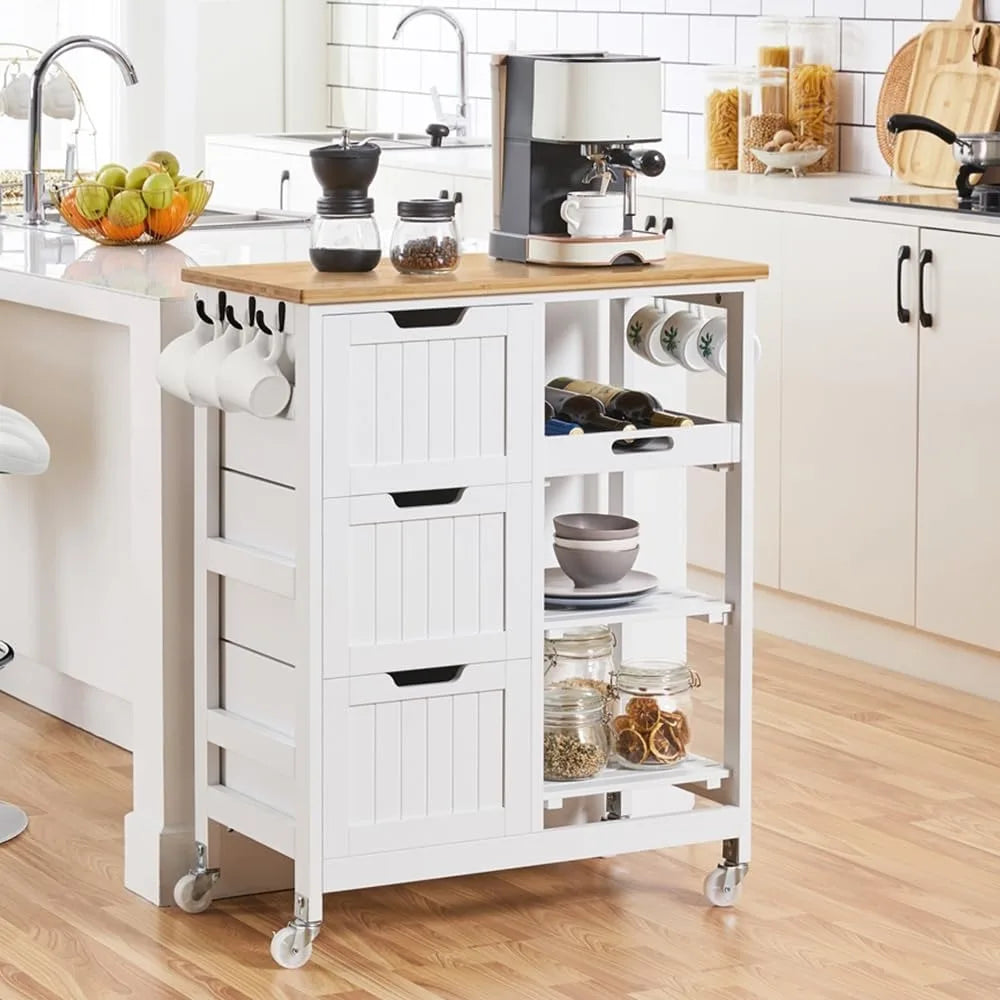 Kitchen Island Cart on Wheels, Rolling Storage Cart with Bamboo Countertop, 3 Drawers, 3 Removable Shelves &amp; Lockable Casters