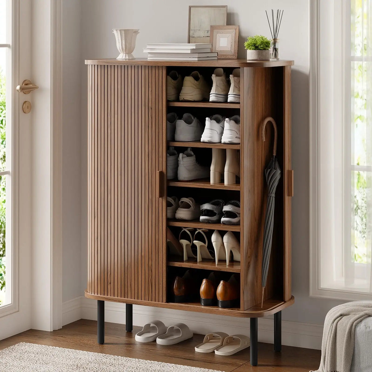 ONBRILL Fluted Six Tier Shoe Cabinet With Sliding Door
