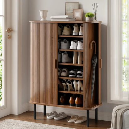 ONBRILL Fluted Six Tier Shoe Cabinet With Sliding Door