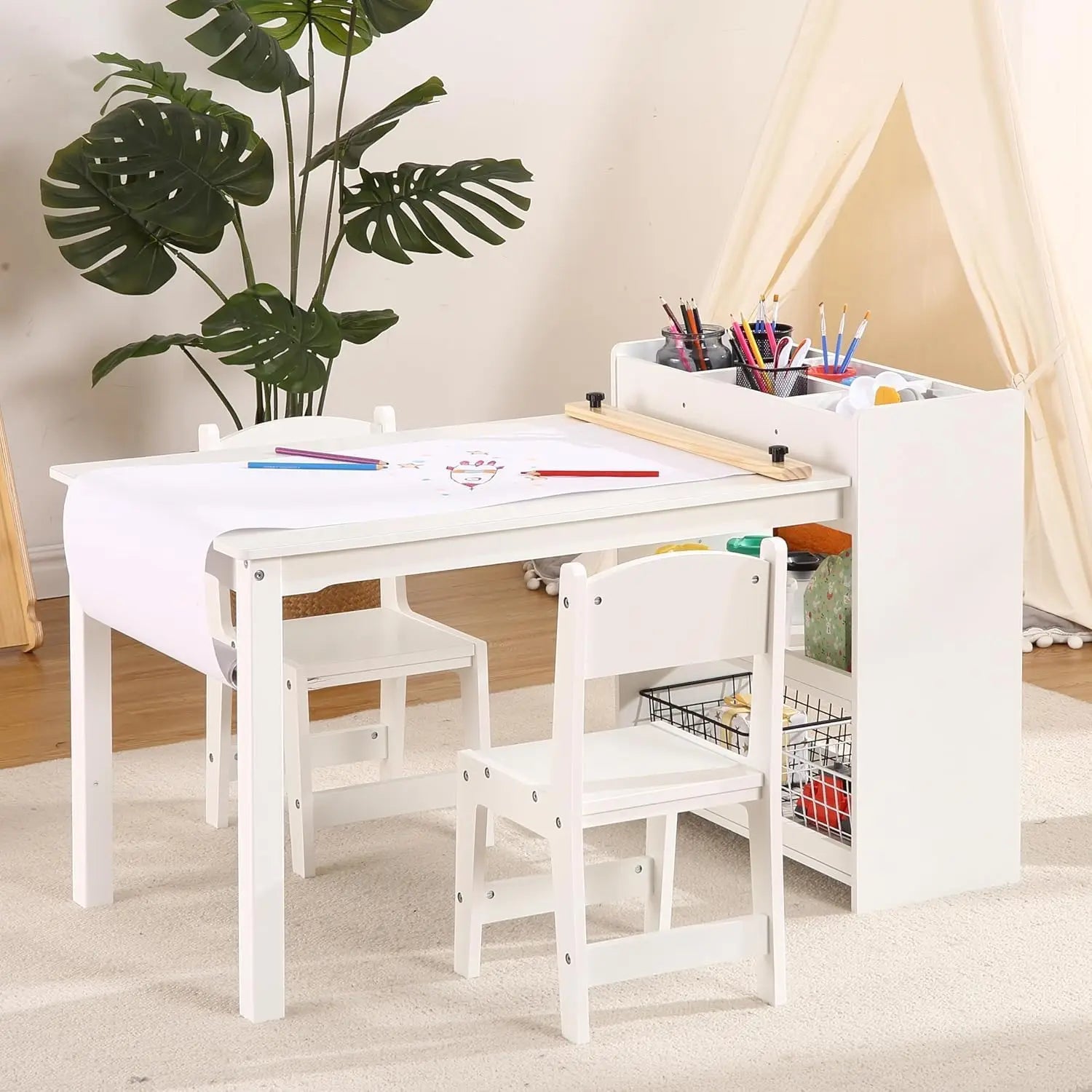 Kids Art Table with 2 Chairs, Toddler Craft Play Wood Activity Desk with Large Storage Shelves for Children&
