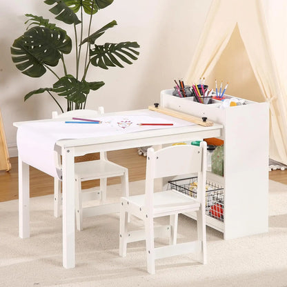 Kids Art Table with 2 Chairs, Toddler Craft Play Wood Activity Desk with Large Storage Shelves for Children&