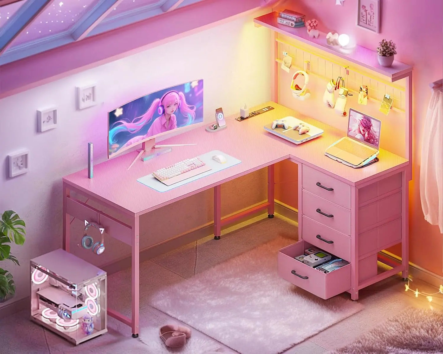 L Shaped Gaming Desk With LED Light Power Outlet Shelves