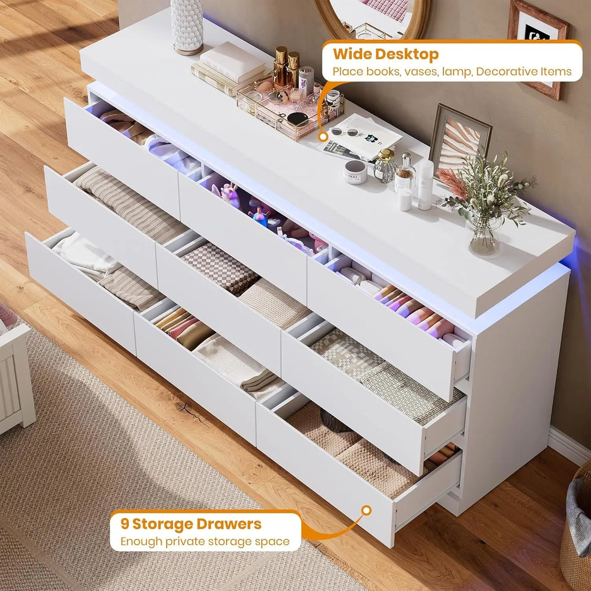 Acekool Nine Drawer Dresser With LED Lights And Charging Station