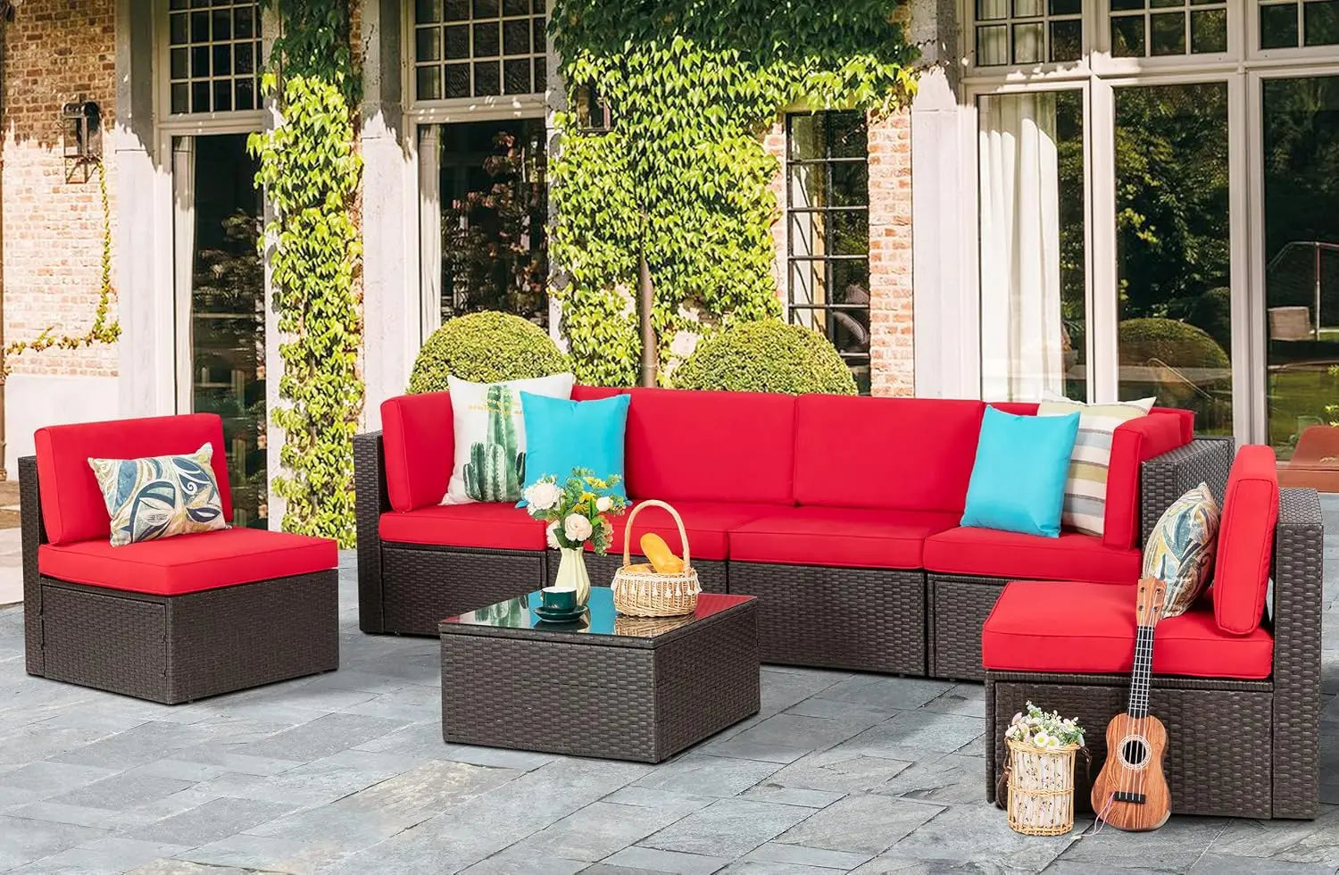 7 Pieces Patio Furniture Sets, Outdoor Modular Sectional Sofa Patio Conversation Set PE Rattan Wicker Sectional Couch