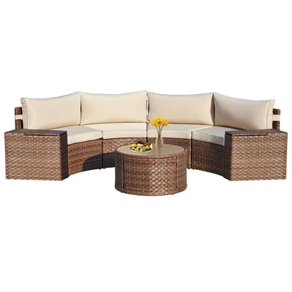 7 Piece Patio Furniture Sets, HalfMoon Circle Conversation Set, Curved Wicker Outdoor Sectional with 2 Storage Armrests and Gla