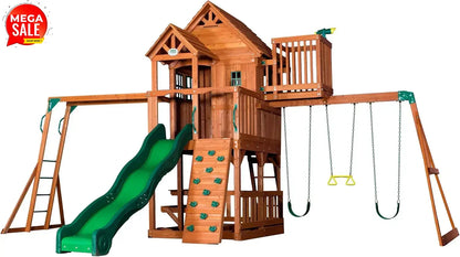 Hot SalesII Cedar Wood Swing Set with Wave Slide, Raised Clubhouse, Crow&