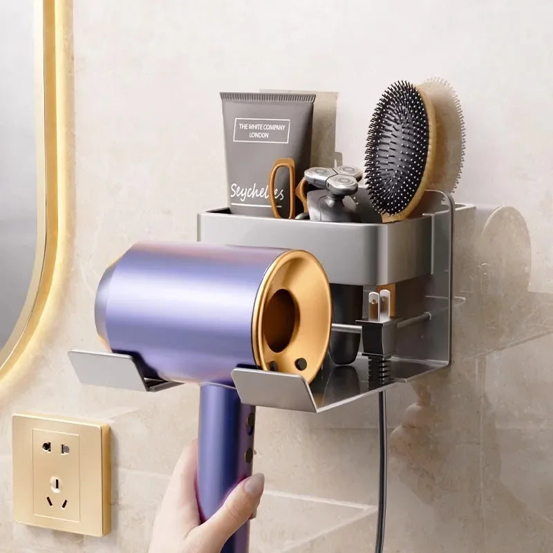 Hair Dryer Holder No Drill Wall Mount Self-Adhesive With Plug Holder Storage Organizer For Bathroom Hotel Barbershop