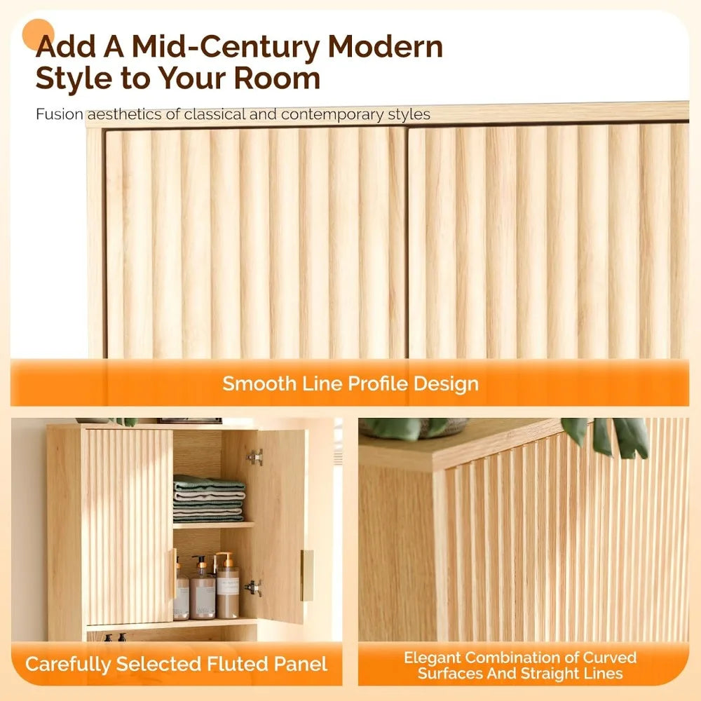 Mid Century Modern Over-the-Toilet Storage Cabinet, Natural Oak, Adjustable Shelves