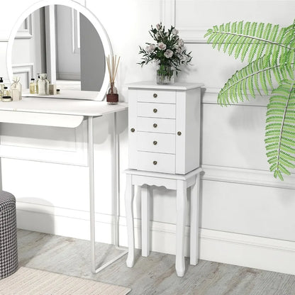 White Standing Jewelry Armoire Cabinet with 4 Drawers Flip Top Mirror Top Compartments 2 Side Doors 8 Necklace Hooks Freestandin