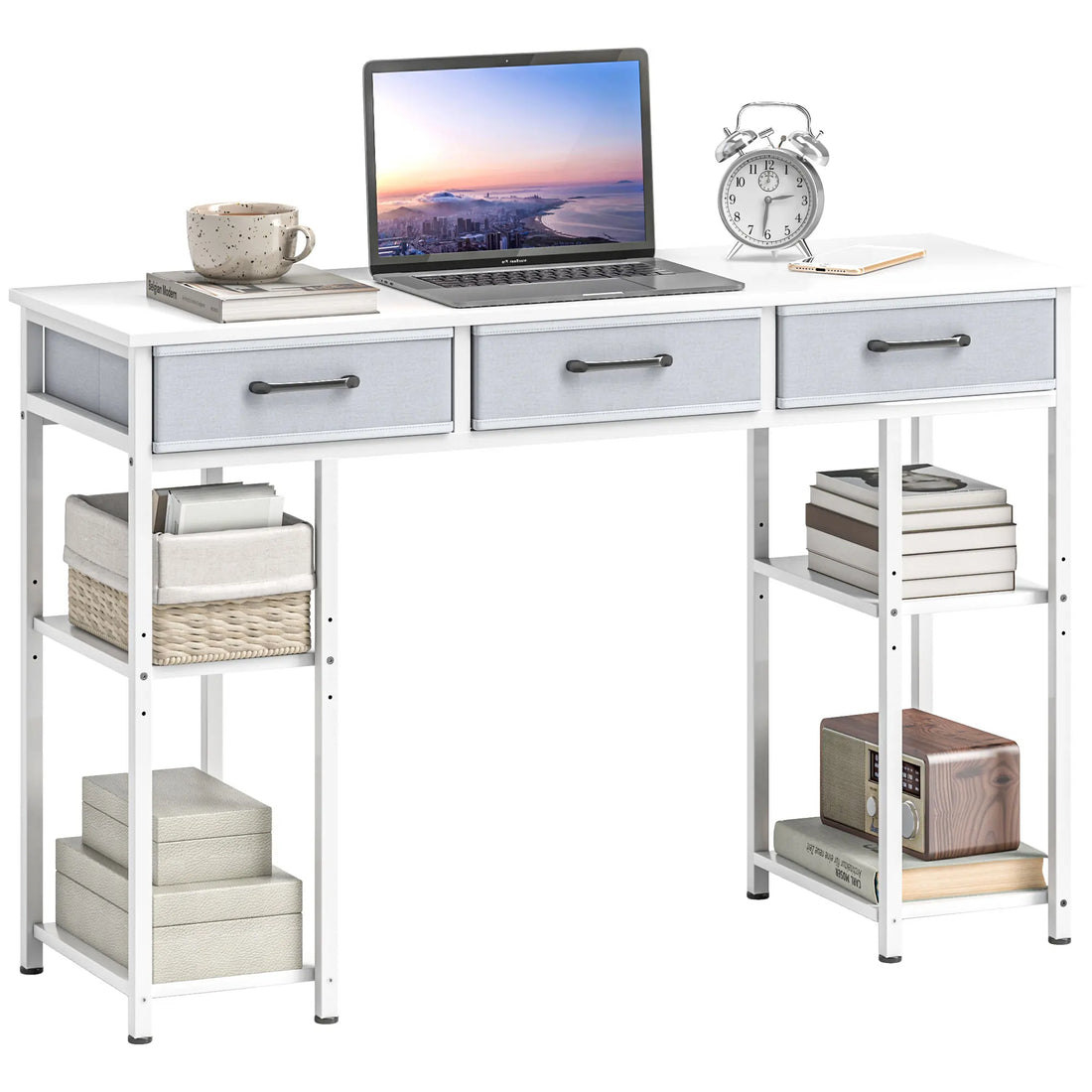 Computer Desk With Three Fabric Drawers And Adjustable Storage Shelves