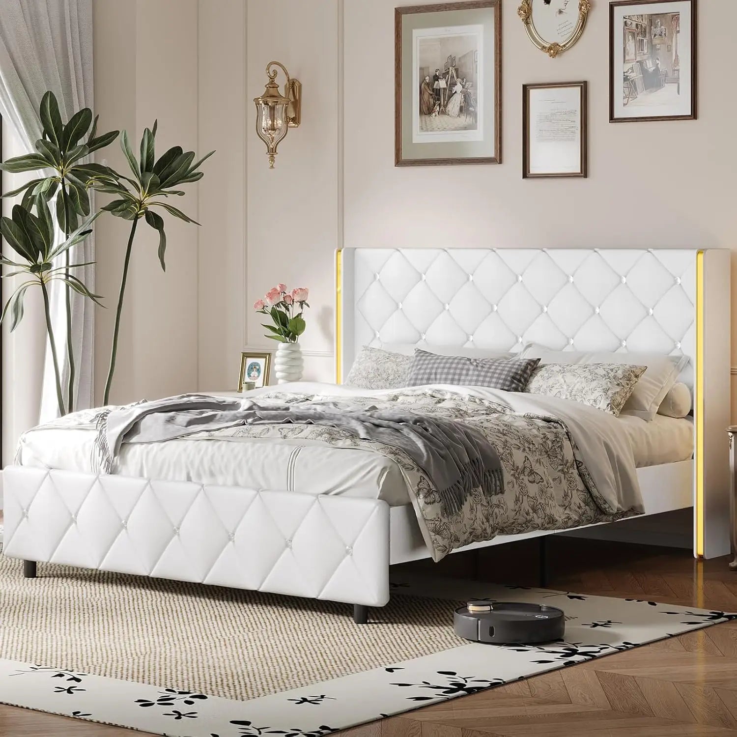 Queen Bed Frame with Headboard, Velvet Upholstered Bed with Wingback and Diamond Tufted Design, Wood Slat Support,, Customized