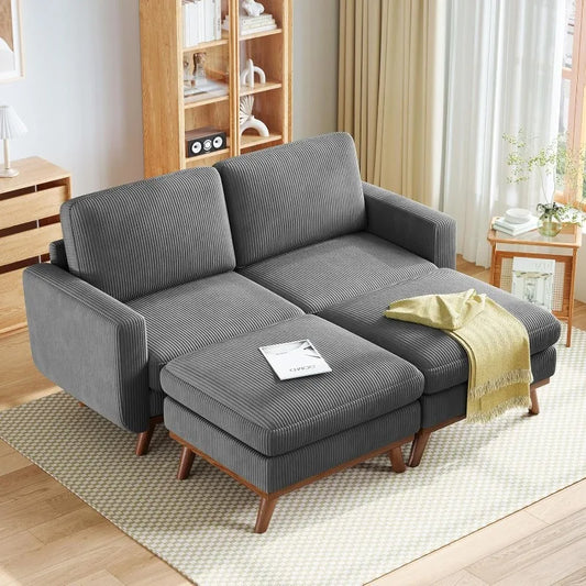 68" Loveseat Sofa with Movable Ottoman, Comfy Corduroy Couch with Spring Cushion, Sofa Couch with Solid Wood, Modern O