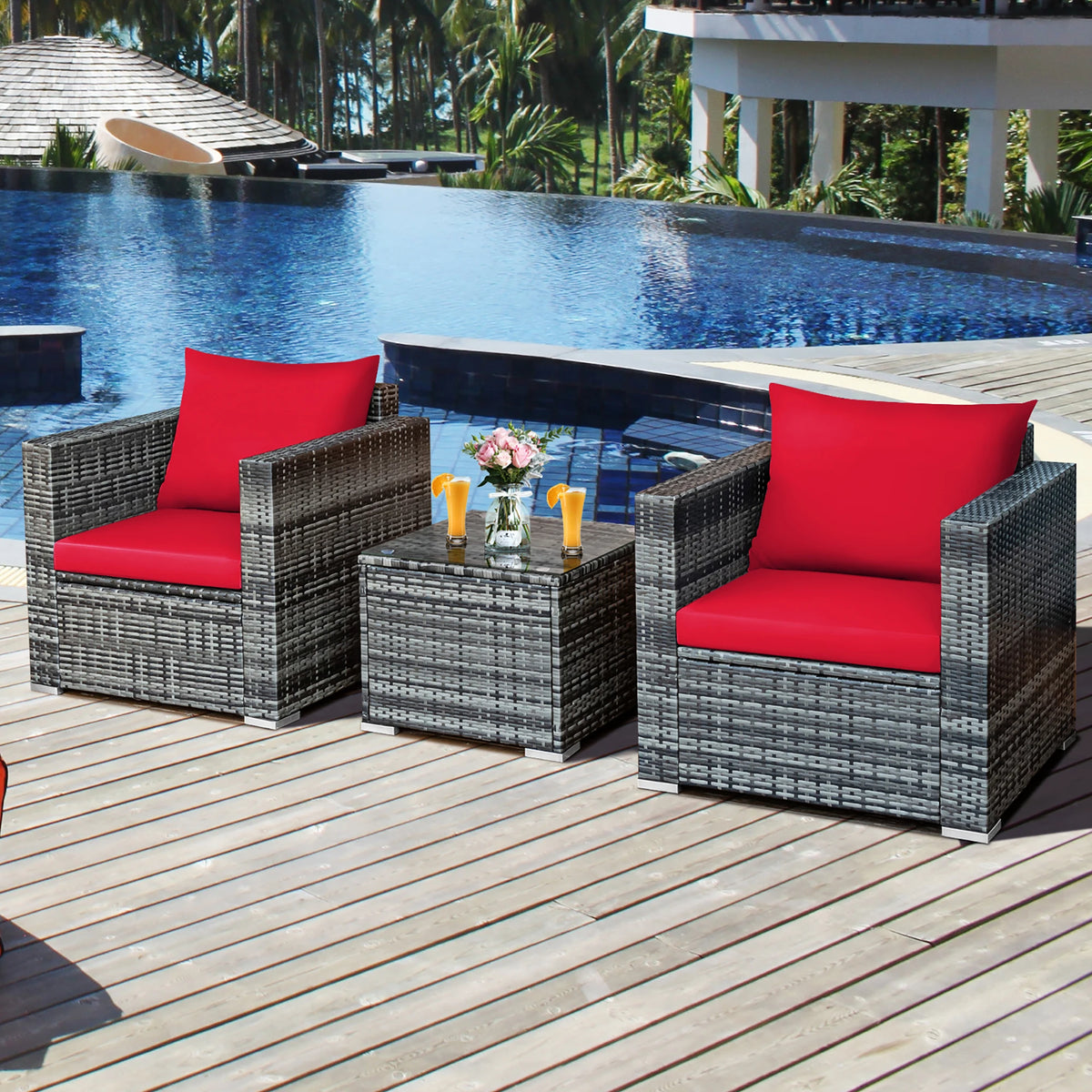 HOMASIS Patio Rattan Bistro Furniture Set With Cushioned Seating