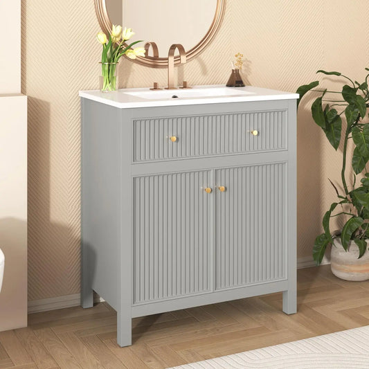 Fluted Modern Vanity With Ceramic Sink Two Door Cabinet And Tip Out Drawer Solid Wood Construction