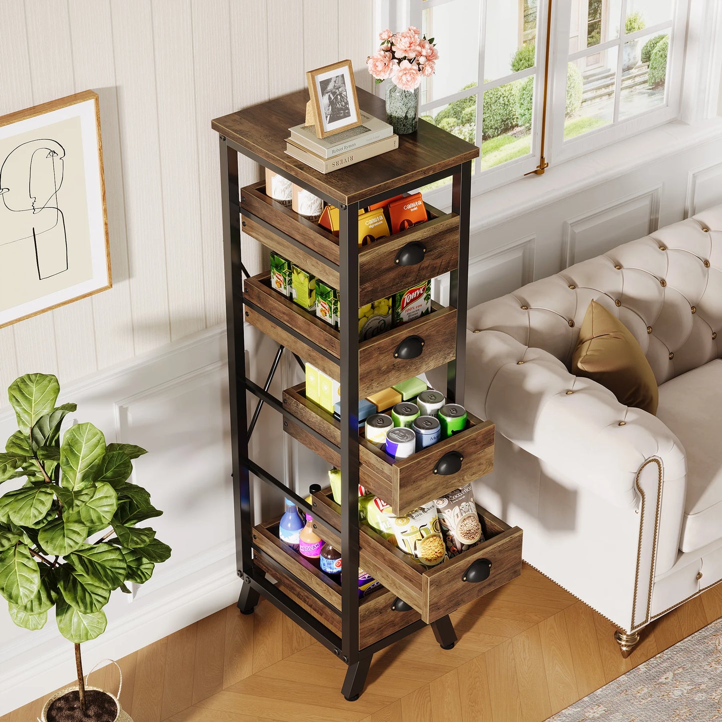 Tribesigns Wood Fruit and Vegetable Storage Rack, 5-Tier Narrow Snack Stand Kitchen Stand Fruit Basket